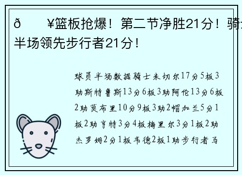 🔥篮板抢爆！第二节净胜21分！骑士半场领先步行者21分！